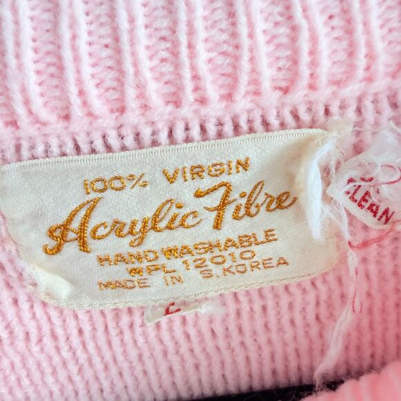 Vtg 80s Sweater Pink Textured Knit Green Pom Coquette Granny Cottagecore Women L - Picture 8 of 10